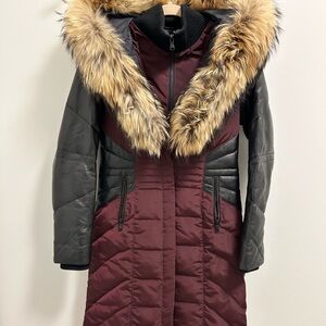 Danier Burgundy and Gray Puffer Coat with Fur Trim - Gently Used